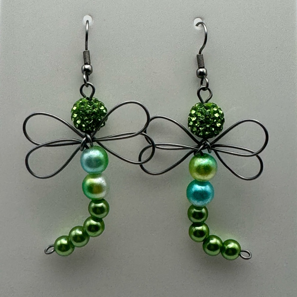 Green Beaded Dragonfly Earrings